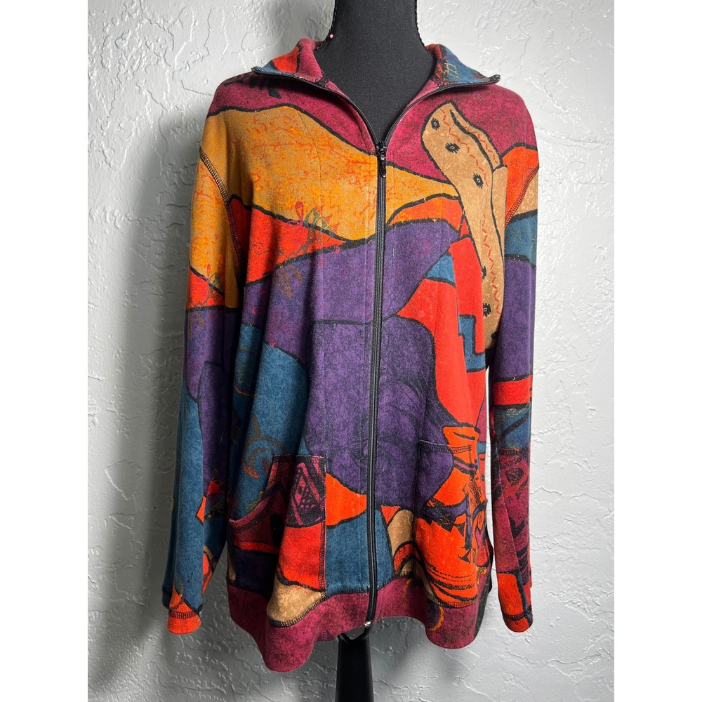 Chico's Size 1 Colorful Abstract Art Print Cotton Zip Front Jacket Made Turkey